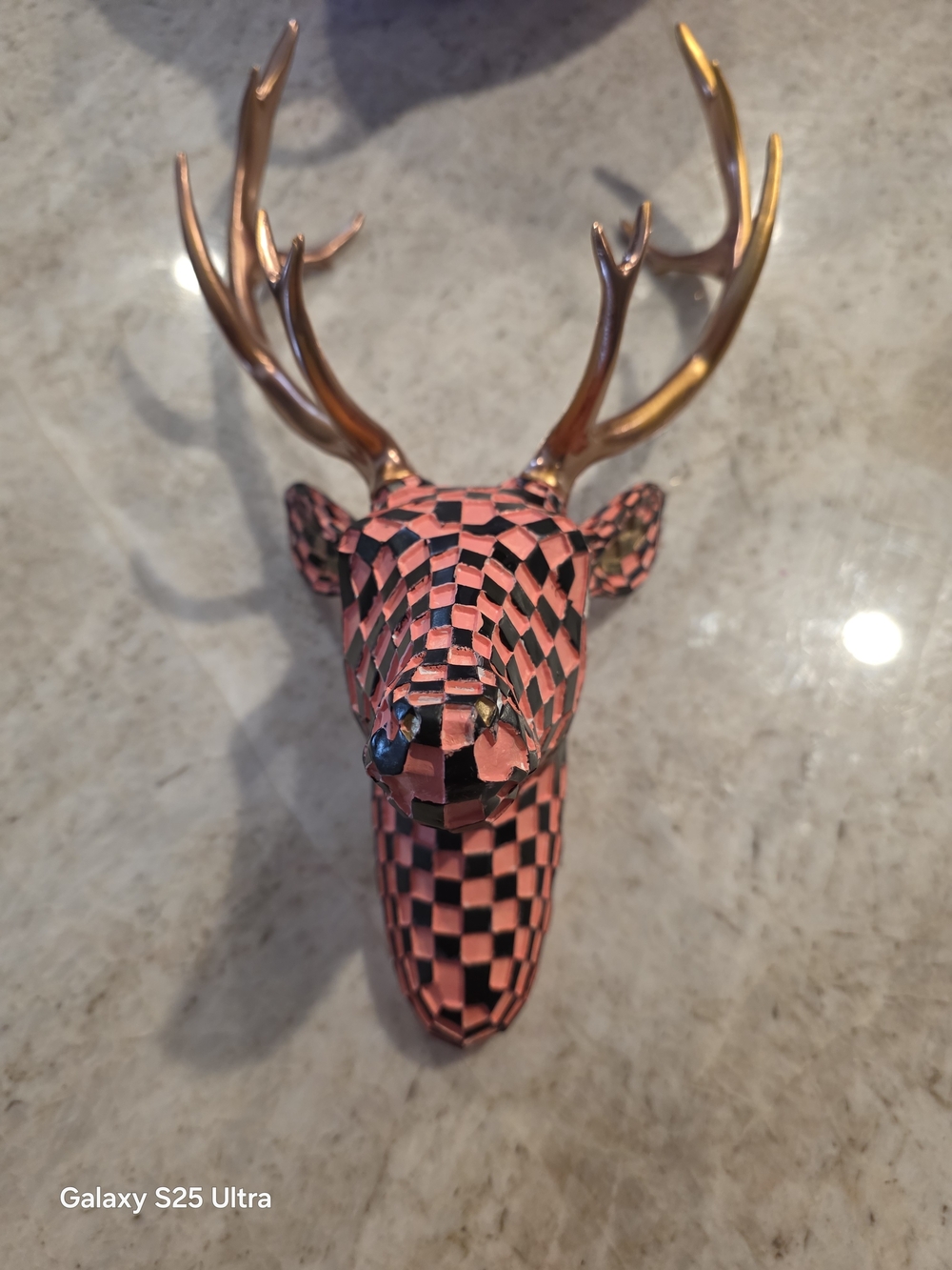 Pink Checkered Deer Head Wall Hook with Gold Antlers
